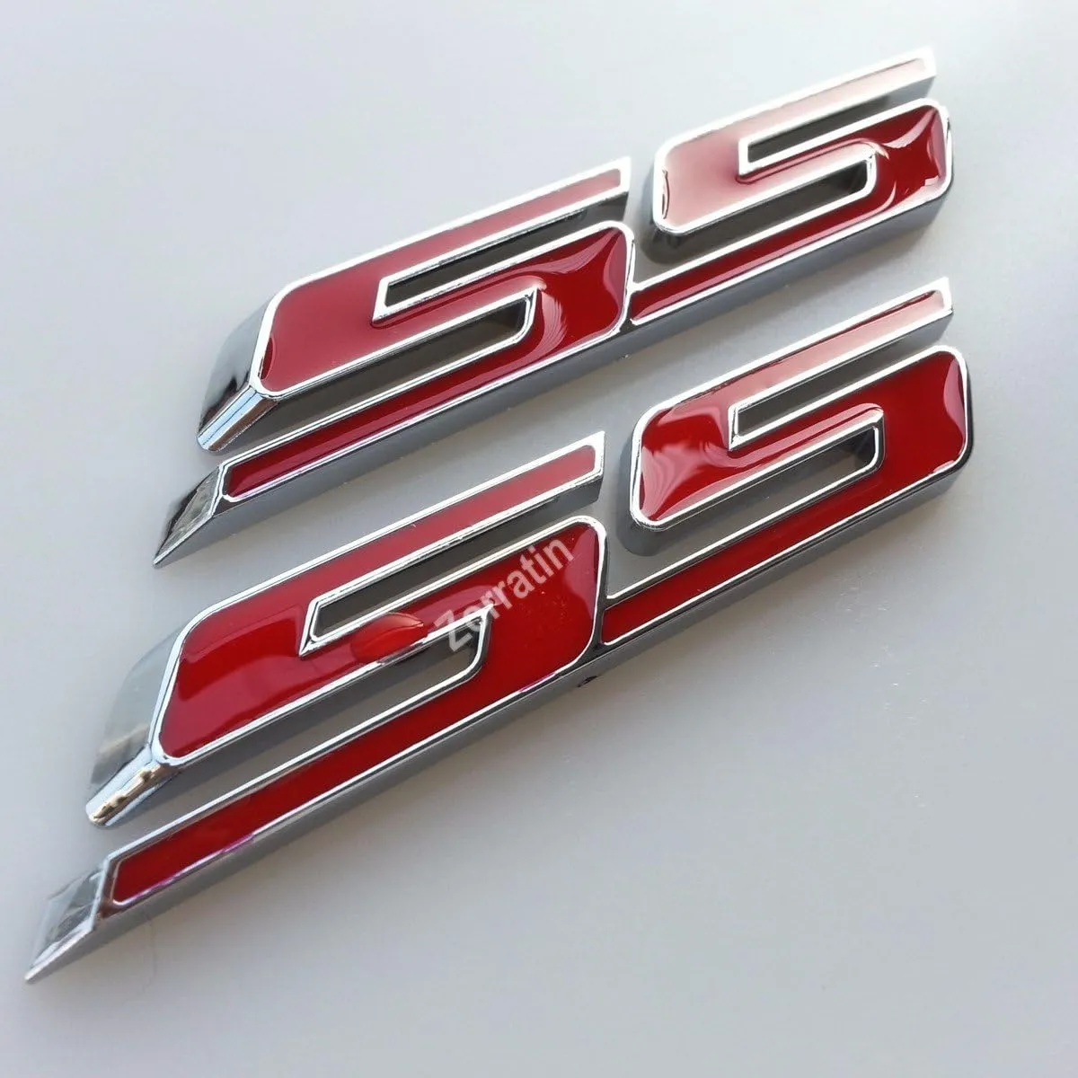 (Set of 2) Slant SS Grill Side Fender Trunk Emblem Badge Decal with Sticker for Chevrolet Chevy Camaro Impala Malibu Holden 2010 to 2025 [red Letter with Chrome Trim]