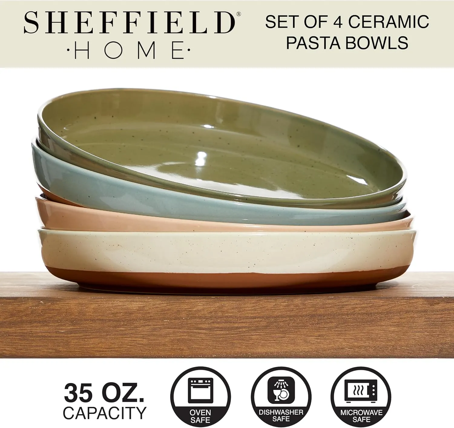 Sheffield Home Stoneware Flat Pasta Bowls, Set of 4 Stylish 35oz Bowls/Plates for Dinner, Salad, etc. Dishwasher, Microwave & Oven Safe. Durable for Everyday and Special Occasions - Assorted Neutrals