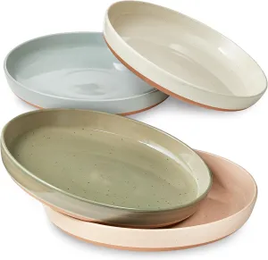 Sheffield Home Stoneware Flat Pasta Bowls, Set of 4 Stylish 35oz Bowls/Plates for Dinner, Salad, etc. Dishwasher, Microwave & Oven Safe. Durable for Everyday and Special Occasions - Assorted Neutrals