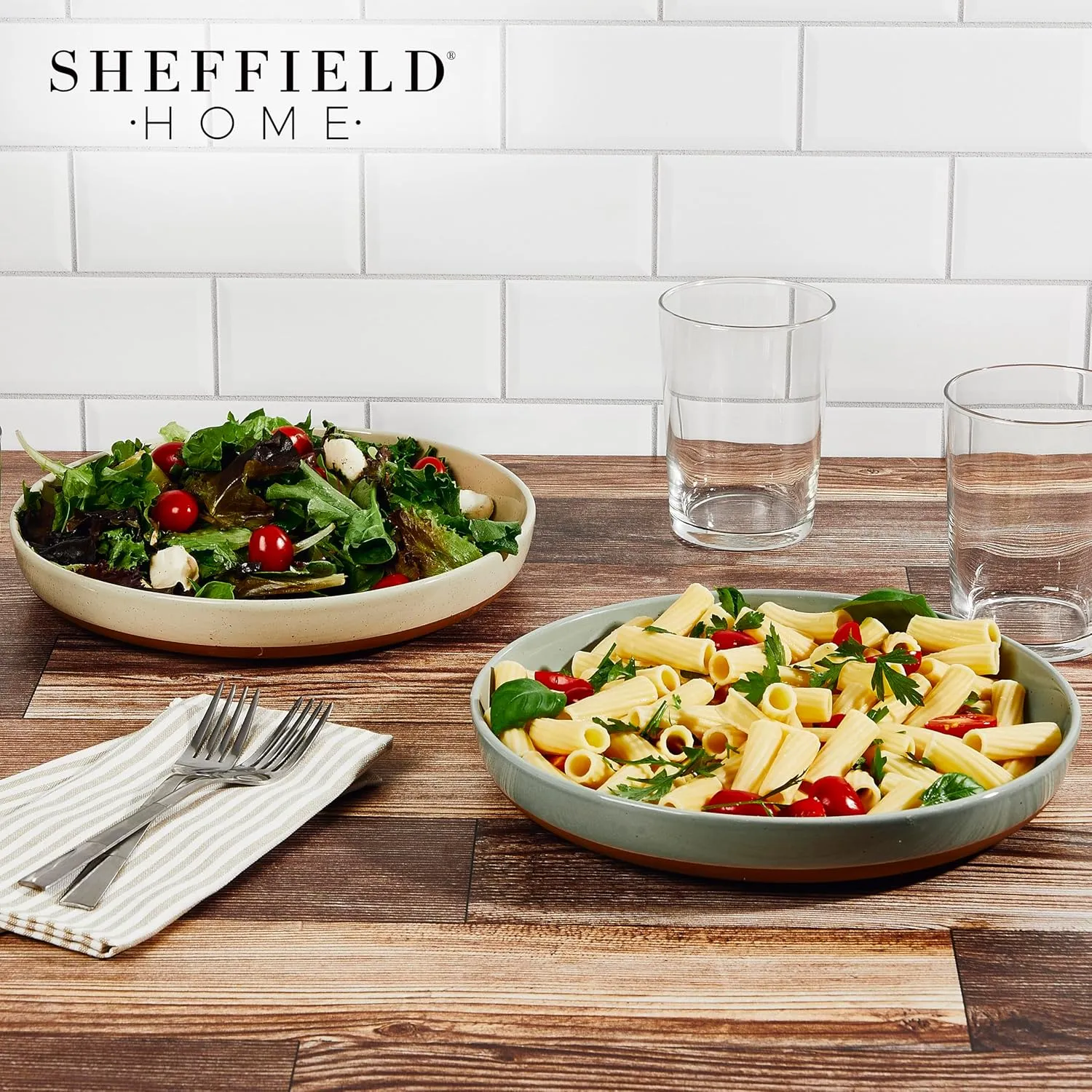 Sheffield Home Stoneware Flat Pasta Bowls, Set of 4 Stylish 35oz Bowls/Plates for Dinner, Salad, etc. Dishwasher, Microwave & Oven Safe. Durable for Everyday and Special Occasions - Assorted Neutrals