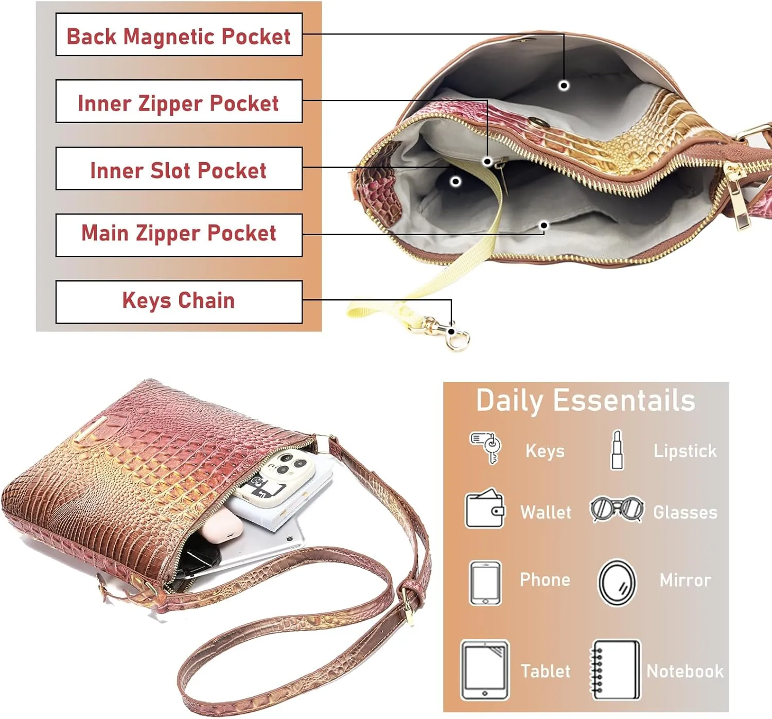 Shoulder Crocodile Flat Handbags for Women trendy Ladies Shoulder Bag Embossed Pattern Leather Crossbody Purse