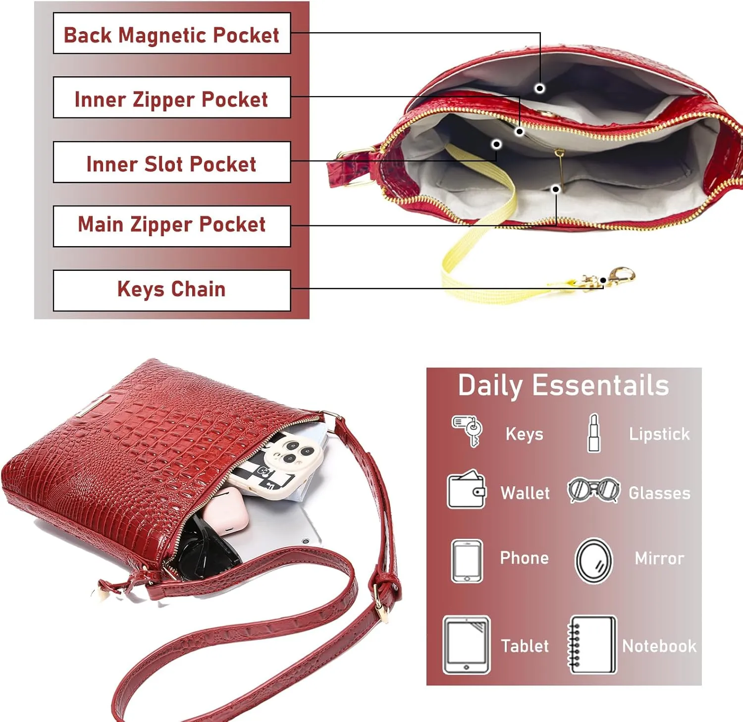 Shoulder Crocodile Flat Handbags for Women trendy Ladies Shoulder Bag Embossed Pattern Leather Crossbody Purse