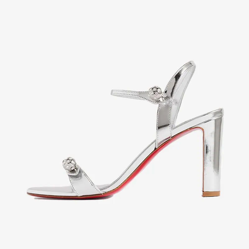 Silver Leather Sandal with Crystal Spheres
