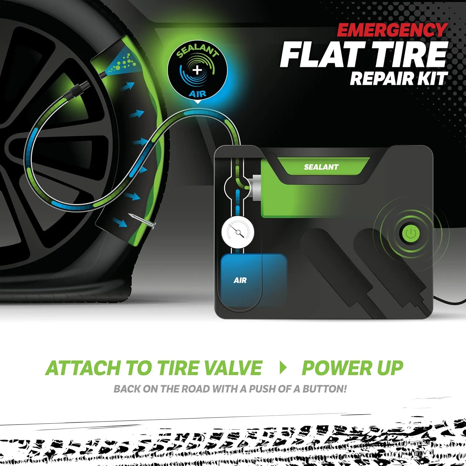 Slime 50122 Flat Tire Puncture Emergency Kit, Includes Sealant and Tire Inflator Pump, Analog, Suitable for Cars and Other Highway Vehicles, 10 Min Fix