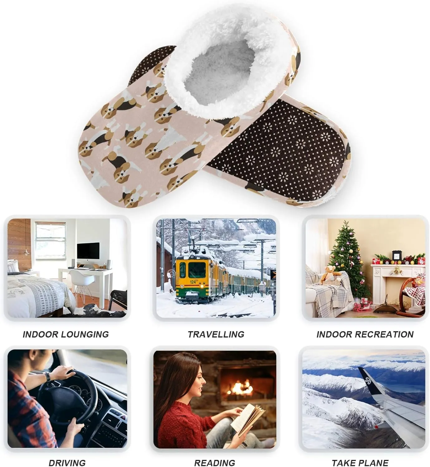 Slipper for Women and Men Fuzzy Memory Foam Soft House Shoes Anti-Skid Sole Coral Fleece House Slipper Beagle Dog On Brown M-XXL