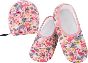 Snoozies Skinnies Packable and Foldable Travel Slippers for Women with Zipper Pouch, Soft Sherpa-Lined Slipper Socks Non-Skid