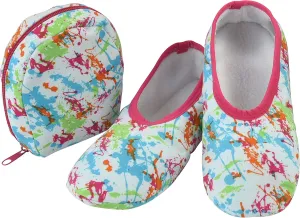 Snoozies Skinnies Packable and Foldable Travel Slippers for Women with Zipper Pouch, Soft Sherpa-Lined Slipper Socks Non-Skid