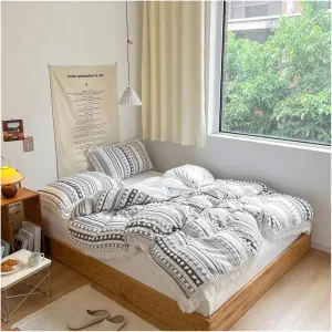Soft Cotton Textured Duvet Cover Set with Tassel Fringe Boho Chic Bedding Sets Twin Queen Comforter Cover Bed Sheet Pillowcases,Luxury Bed in A Bag,B-Twin