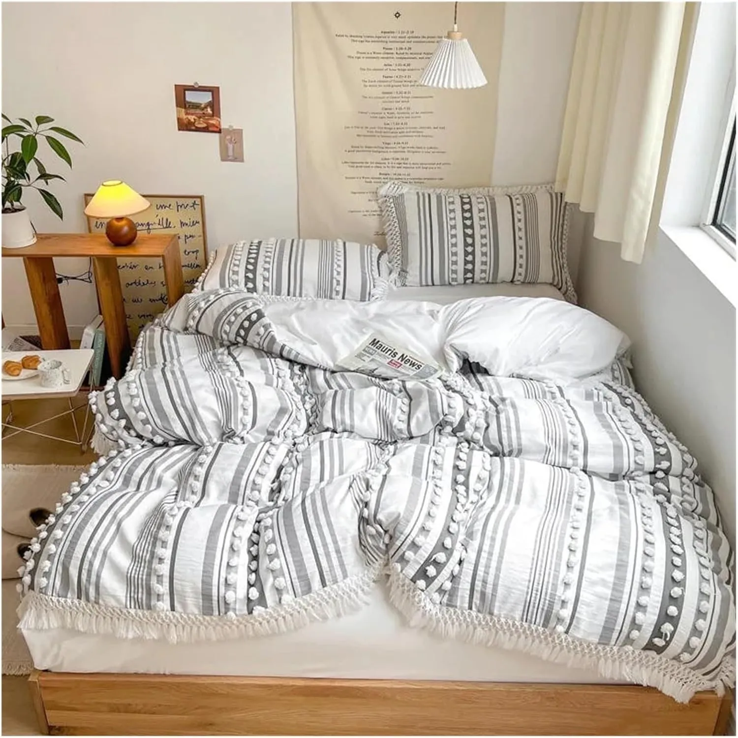 Soft Cotton Textured Duvet Cover Set with Tassel Fringe Boho Chic Bedding Sets Twin Queen Comforter Cover Bed Sheet Pillowcases,Luxury Bed in A Bag,B-Twin