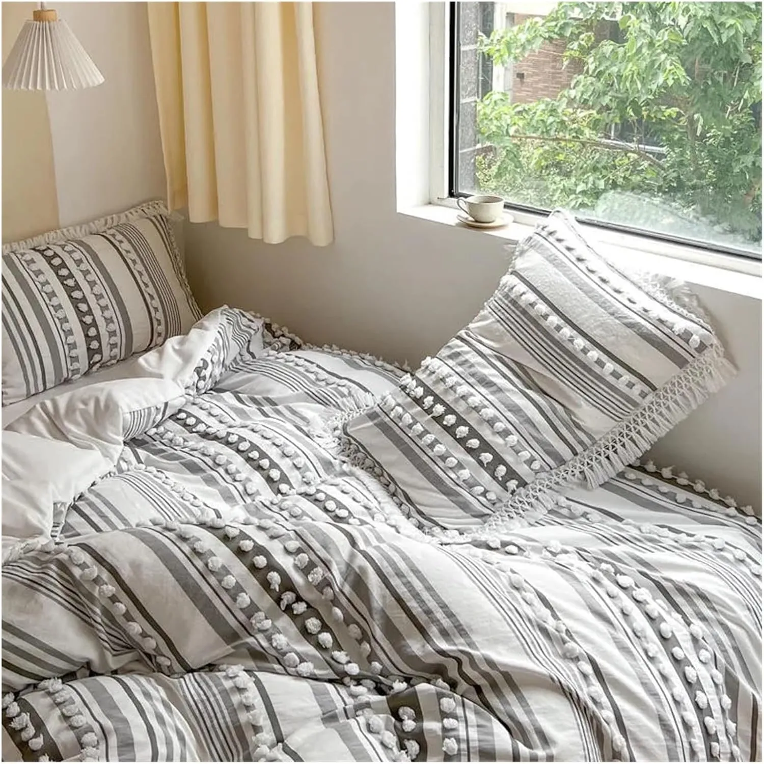 Soft Cotton Textured Duvet Cover Set with Tassel Fringe Boho Chic Bedding Sets Twin Queen Comforter Cover Bed Sheet Pillowcases,Luxury Bed in A Bag,B-Twin