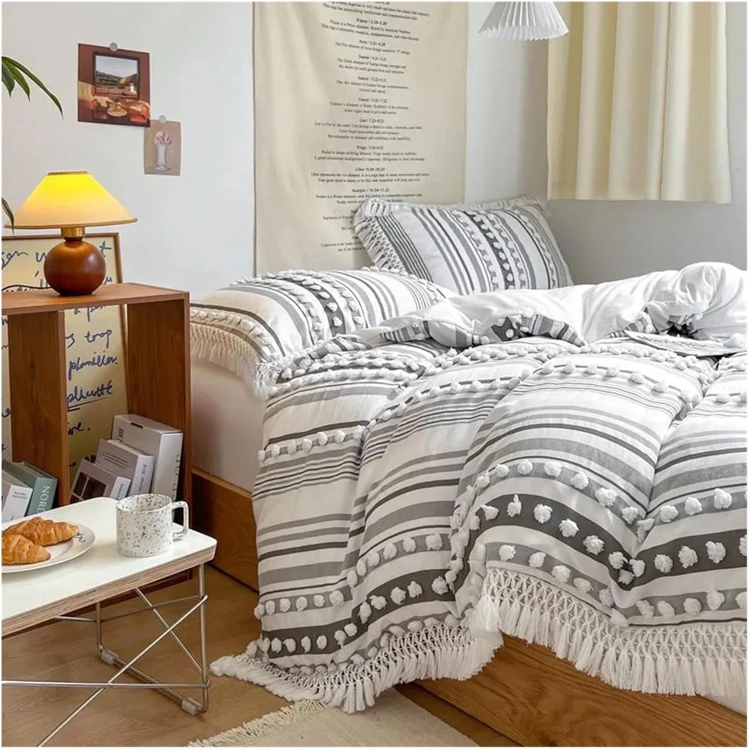 Soft Cotton Textured Duvet Cover Set with Tassel Fringe Boho Chic Bedding Sets Twin Queen Comforter Cover Bed Sheet Pillowcases,Luxury Bed in A Bag,B-Twin