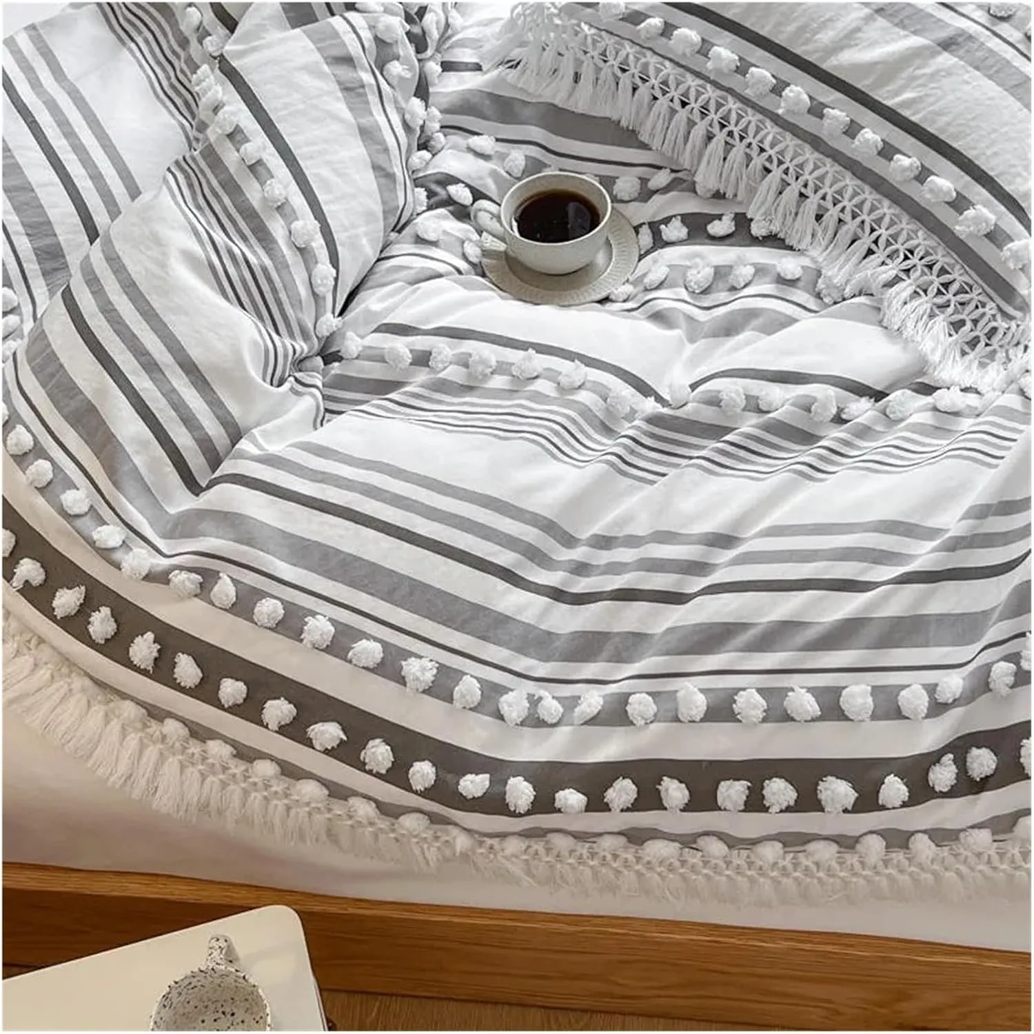 Soft Cotton Textured Duvet Cover Set with Tassel Fringe Boho Chic Bedding Sets Twin Queen Comforter Cover Bed Sheet Pillowcases,Luxury Bed in A Bag,B-Twin