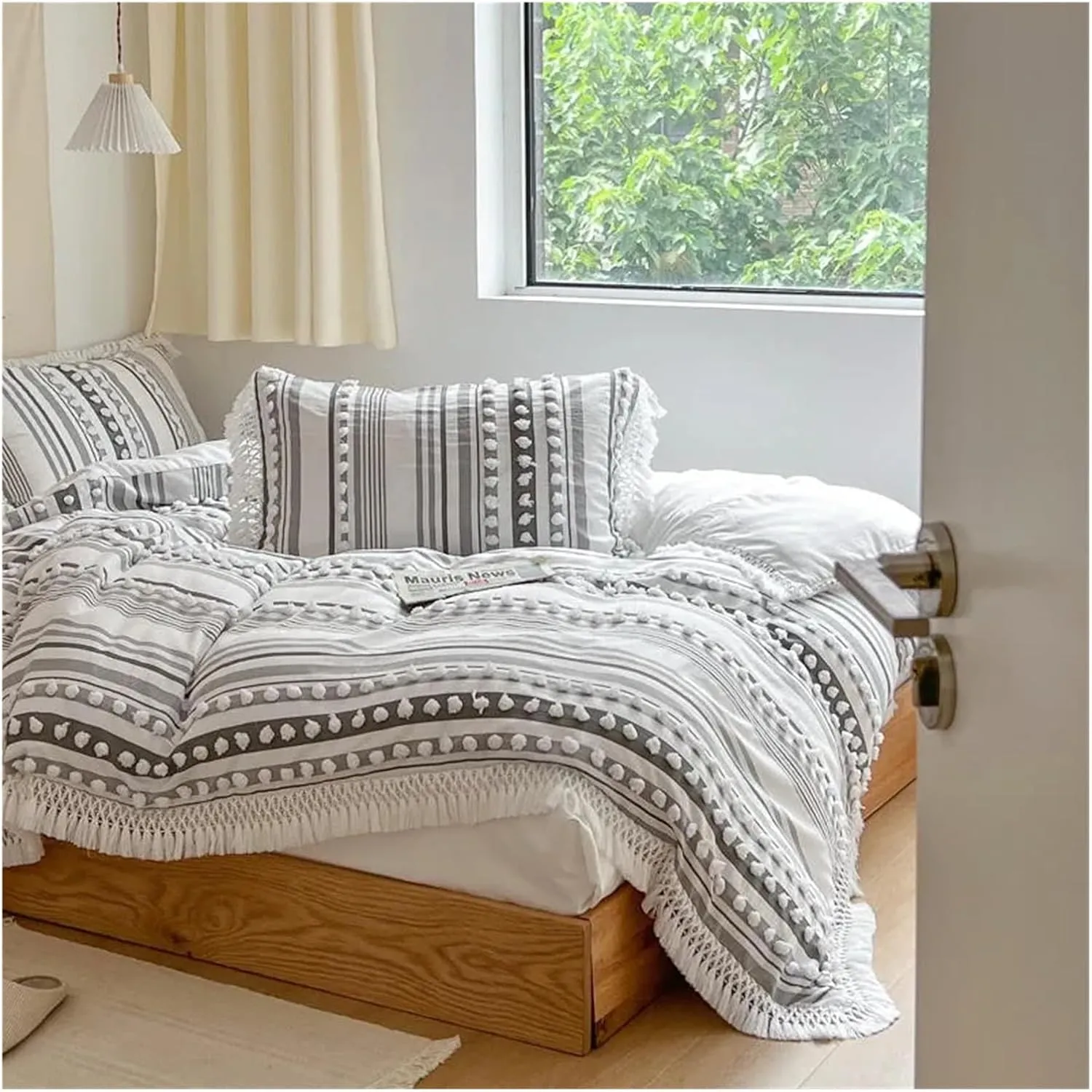 Soft Cotton Textured Duvet Cover Set with Tassel Fringe Boho Chic Bedding Sets Twin Queen Comforter Cover Bed Sheet Pillowcases,Luxury Bed in A Bag,B-Twin