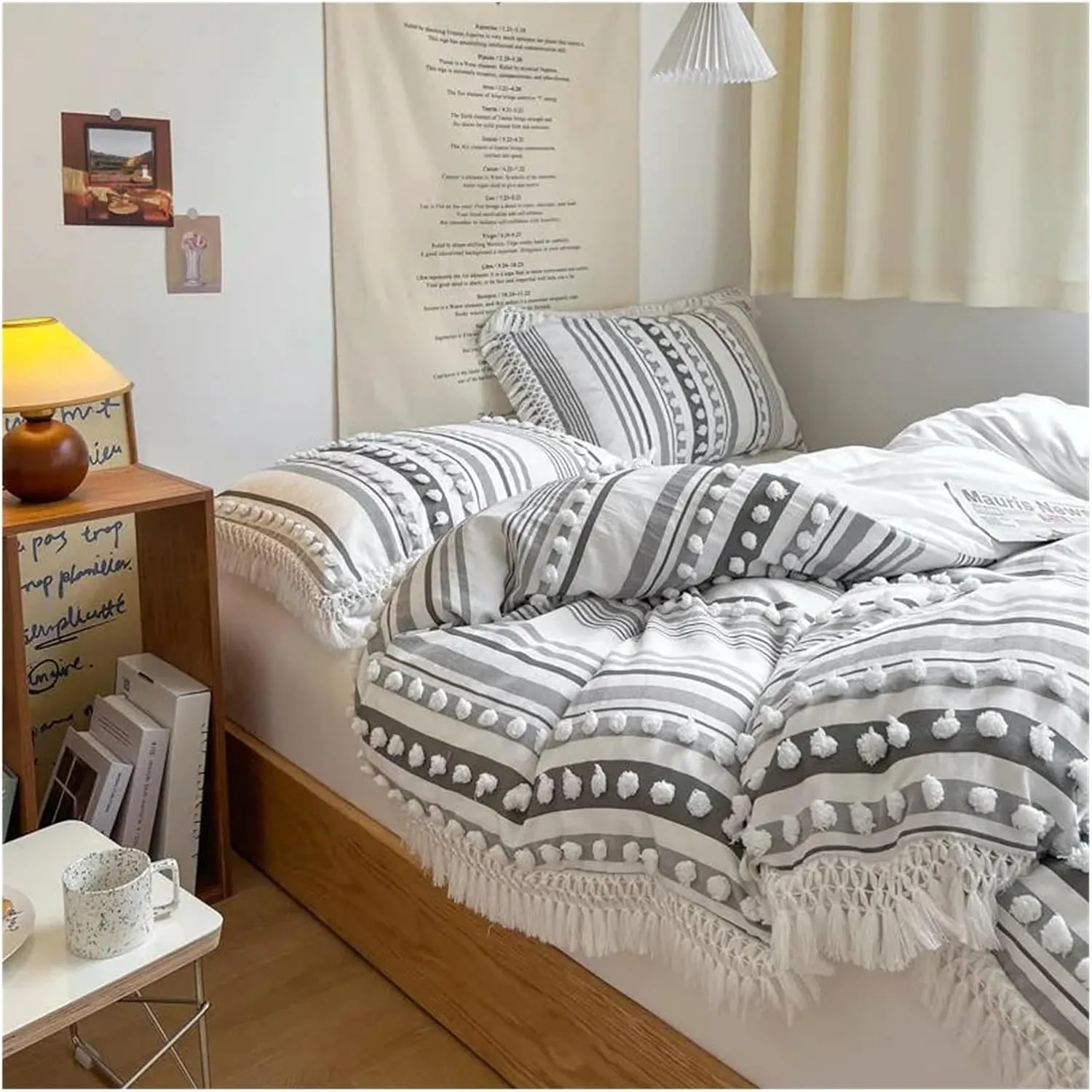 Soft Cotton Textured Duvet Cover Set with Tassel Fringe Boho Chic Bedding Sets Twin Queen Comforter Cover Bed Sheet Pillowcases,Luxury Bed in A Bag,B-Twin