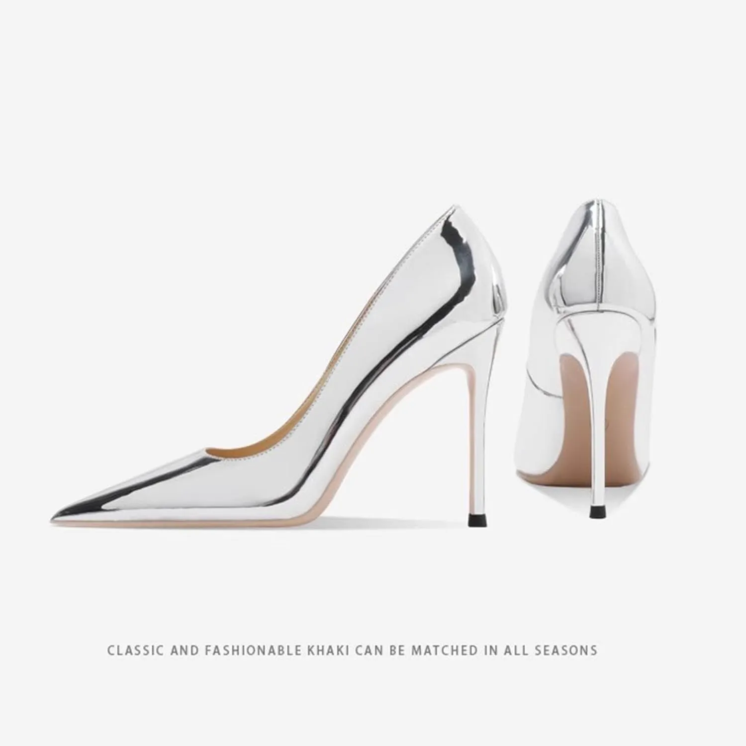 Soft Leather Metal Mirror Silver High Heels Women's Pointed Toe Shallow Mouth Slim Heeled Nightclub Single Shoes
