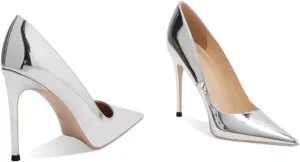 Soft Leather Metal Mirror Silver High Heels Women's Pointed Toe Shallow Mouth Slim Heeled Nightclub Single Shoes