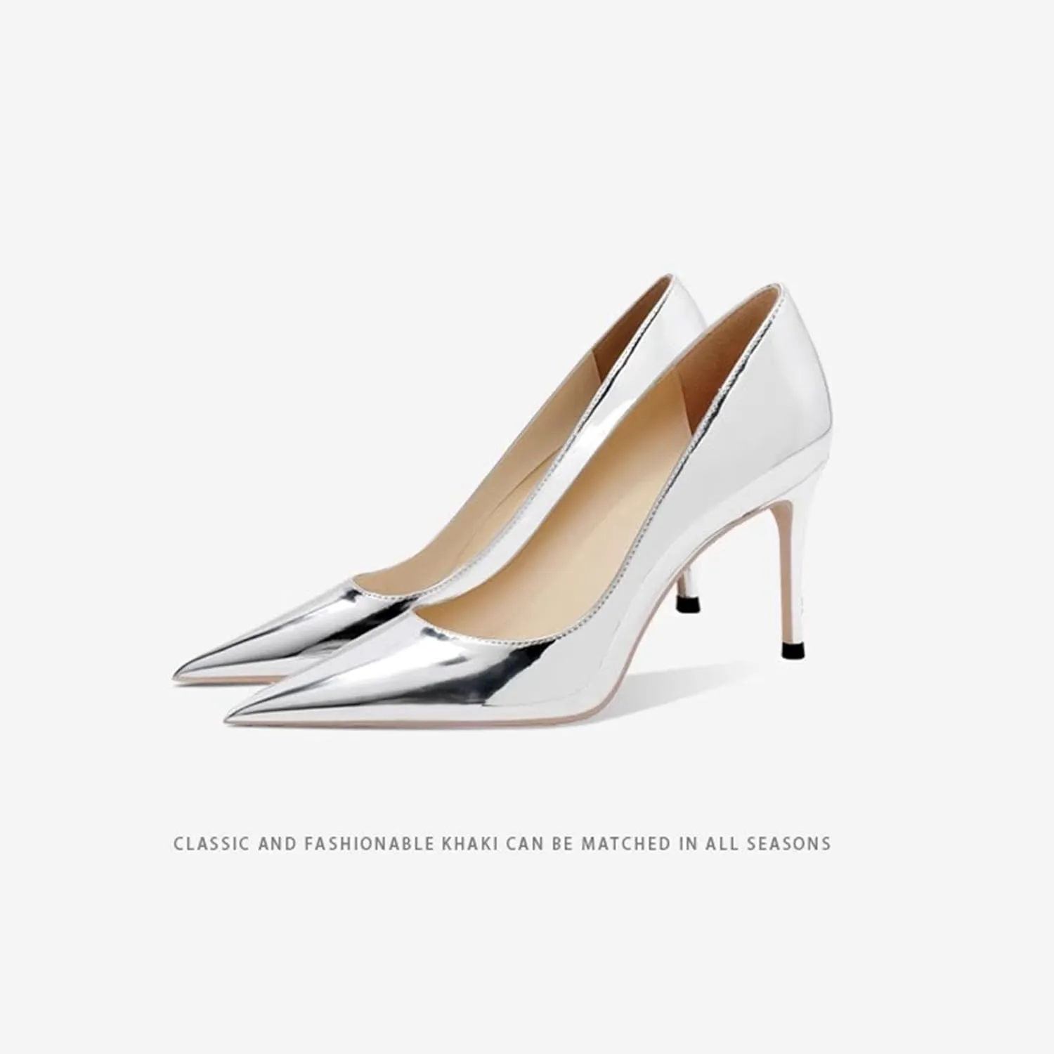 Soft Leather Metal Mirror Silver High Heels Women's Pointed Toe Shallow Mouth Slim Heeled Nightclub Single Shoes