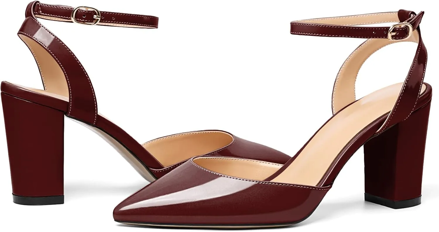 Soireelady Womens Chunky High Heels Pointed Toe Block Heels Ankle Strap Wrap Sandal Pumps Patent Leather Cut Out Design Classic Daily Dress Shoes