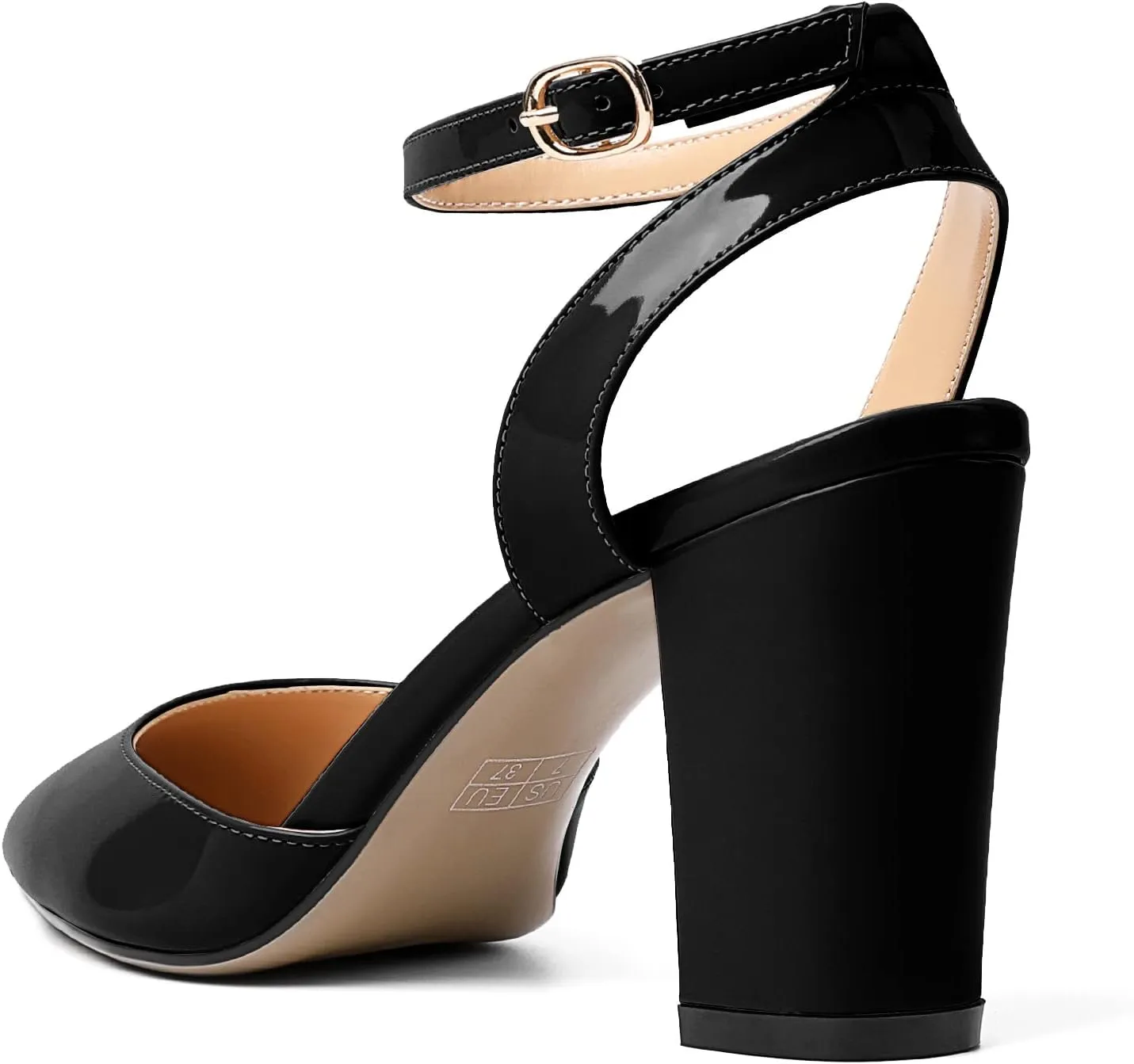 Soireelady Womens Chunky High Heels Pointed Toe Block Heels Ankle Strap Wrap Sandal Pumps Patent Leather Cut Out Design Classic Daily Dress Shoes