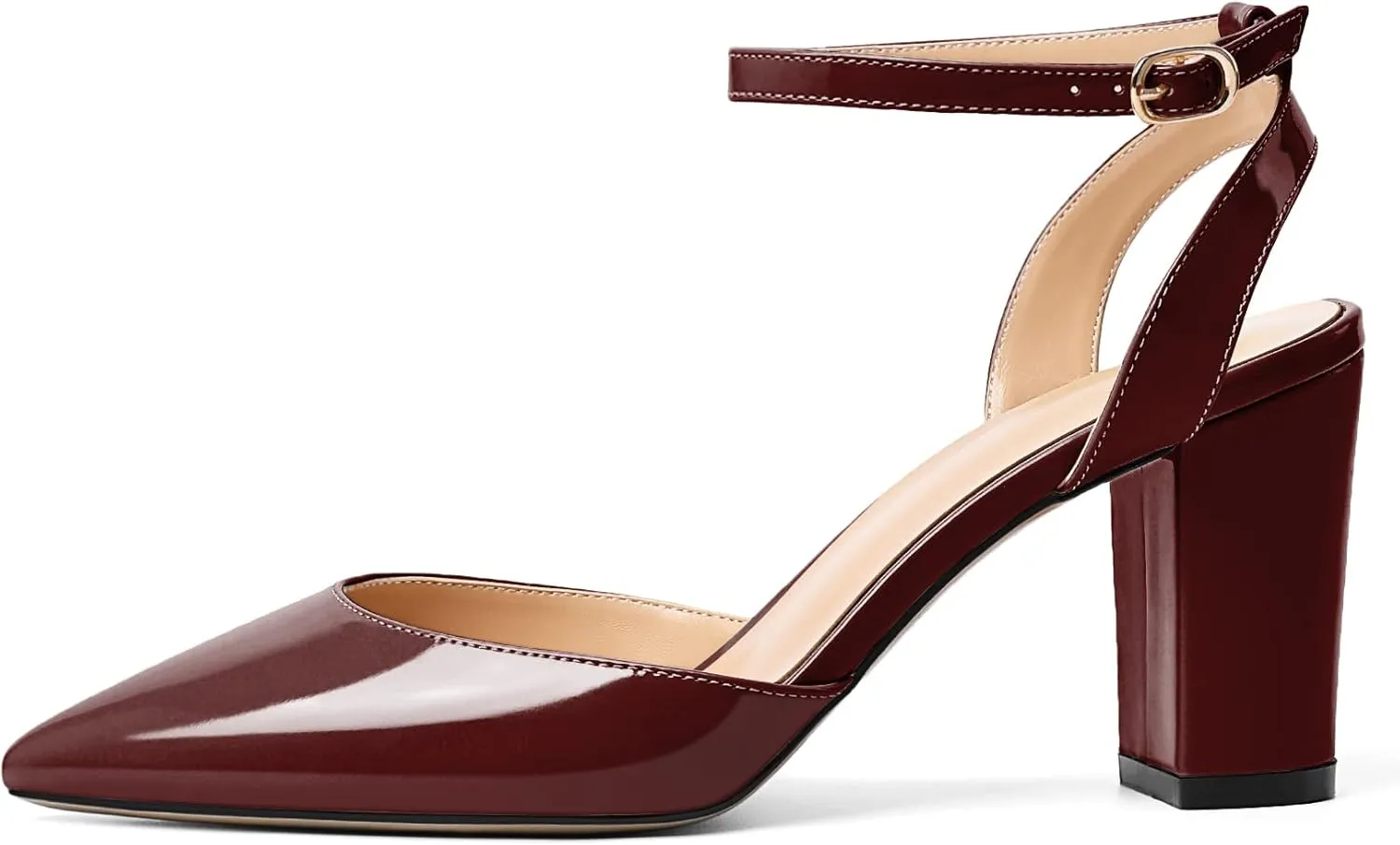 Soireelady Womens Chunky High Heels Pointed Toe Block Heels Ankle Strap Wrap Sandal Pumps Patent Leather Cut Out Design Classic Daily Dress Shoes