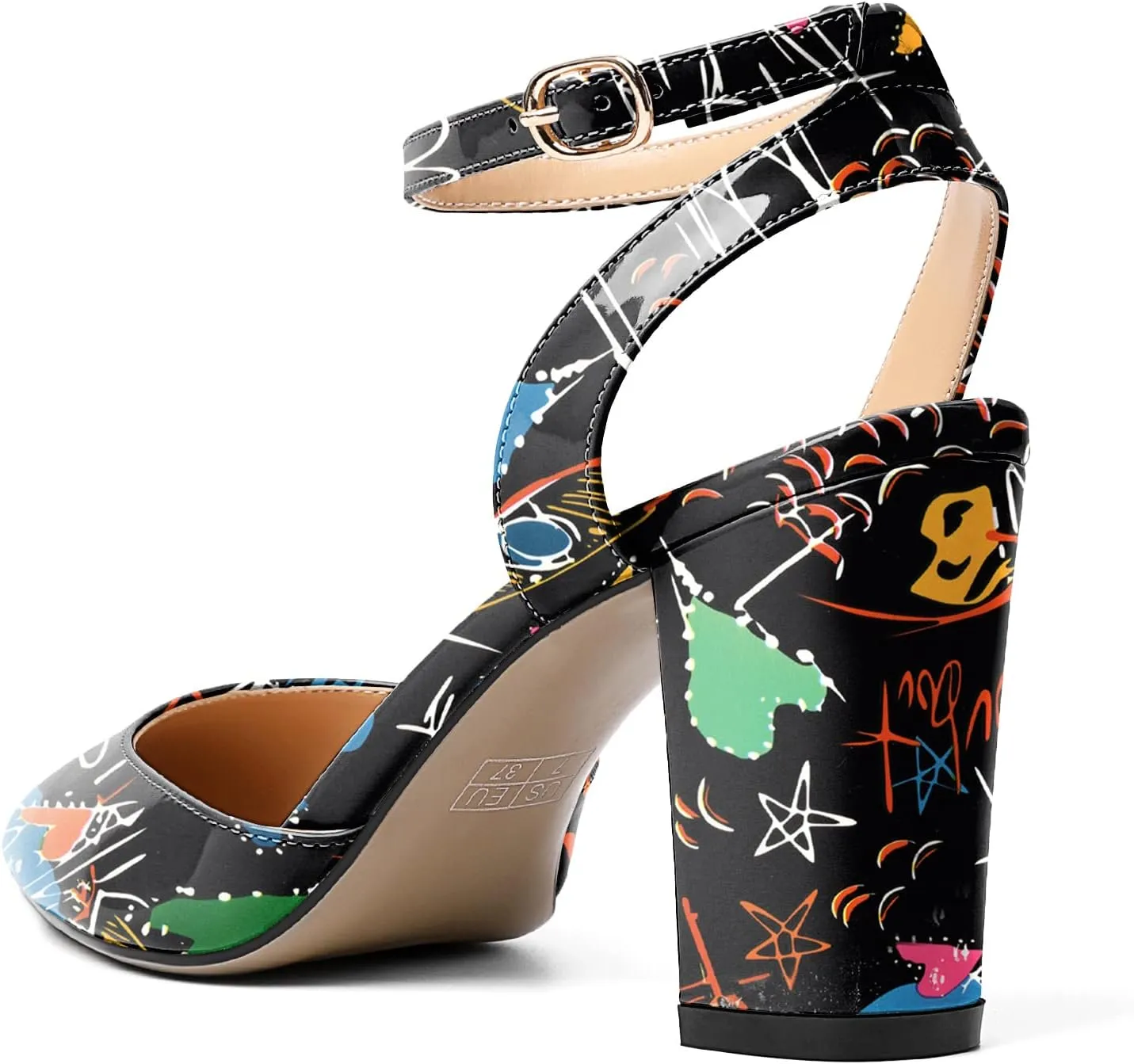 Soireelady Womens Chunky High Heels Pointed Toe Block Heels Ankle Strap Wrap Sandal Pumps Patent Leather Cut Out Design Classic Daily Dress Shoes