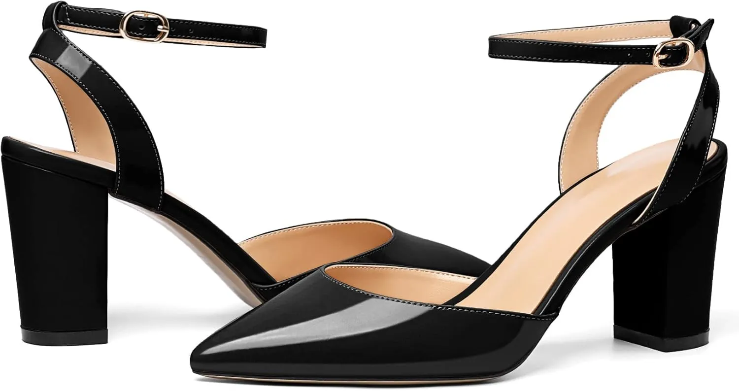 Soireelady Womens Chunky High Heels Pointed Toe Block Heels Ankle Strap Wrap Sandal Pumps Patent Leather Cut Out Design Classic Daily Dress Shoes