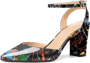 Soireelady Womens Chunky High Heels Pointed Toe Block Heels Ankle Strap Wrap Sandal Pumps Patent Leather Cut Out Design Classic Daily Dress Shoes