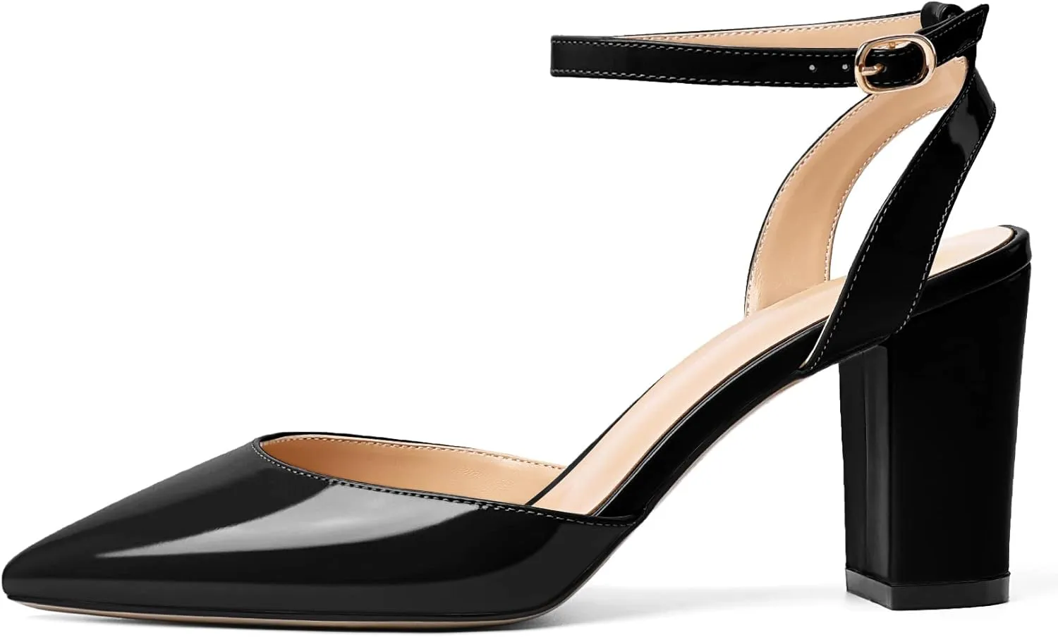 Soireelady Womens Chunky High Heels Pointed Toe Block Heels Ankle Strap Wrap Sandal Pumps Patent Leather Cut Out Design Classic Daily Dress Shoes
