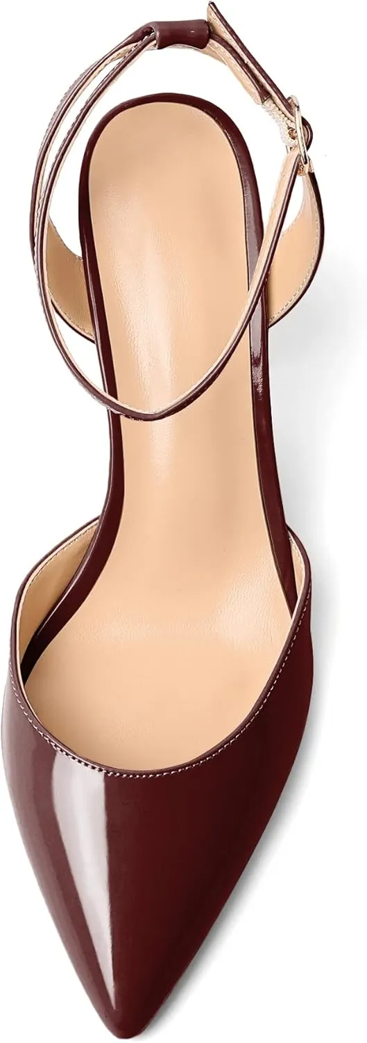 Soireelady Womens Chunky High Heels Pointed Toe Block Heels Ankle Strap Wrap Sandal Pumps Patent Leather Cut Out Design Classic Daily Dress Shoes
