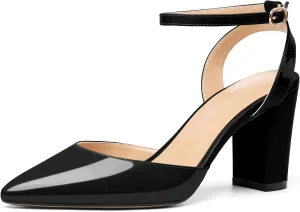 Soireelady Womens Chunky High Heels Pointed Toe Block Heels Ankle Strap Wrap Sandal Pumps Patent Leather Cut Out Design Classic Daily Dress Shoes