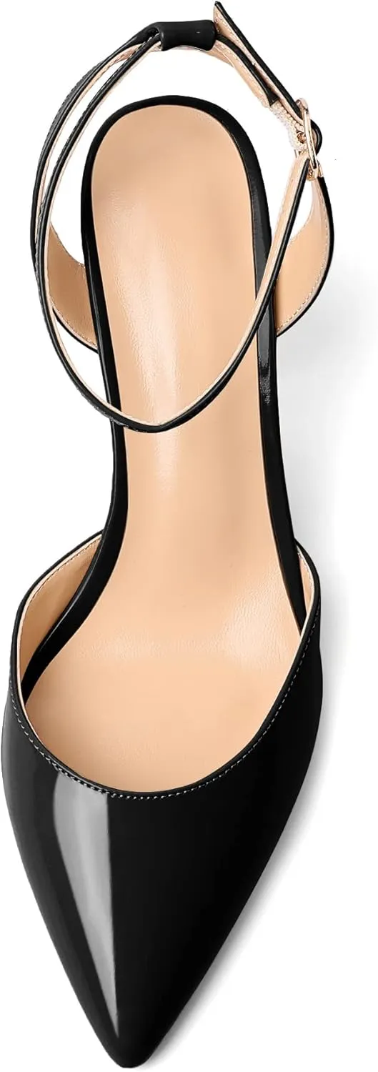 Soireelady Womens Chunky High Heels Pointed Toe Block Heels Ankle Strap Wrap Sandal Pumps Patent Leather Cut Out Design Classic Daily Dress Shoes