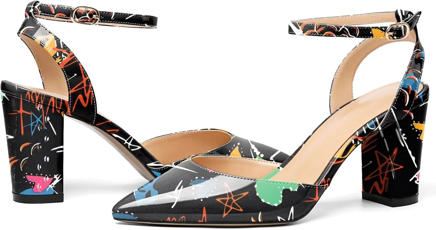 Soireelady Womens Chunky High Heels Pointed Toe Block Heels Ankle Strap Wrap Sandal Pumps Patent Leather Cut Out Design Classic Daily Dress Shoes