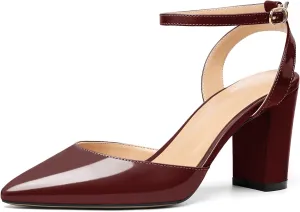 Soireelady Womens Chunky High Heels Pointed Toe Block Heels Ankle Strap Wrap Sandal Pumps Patent Leather Cut Out Design Classic Daily Dress Shoes
