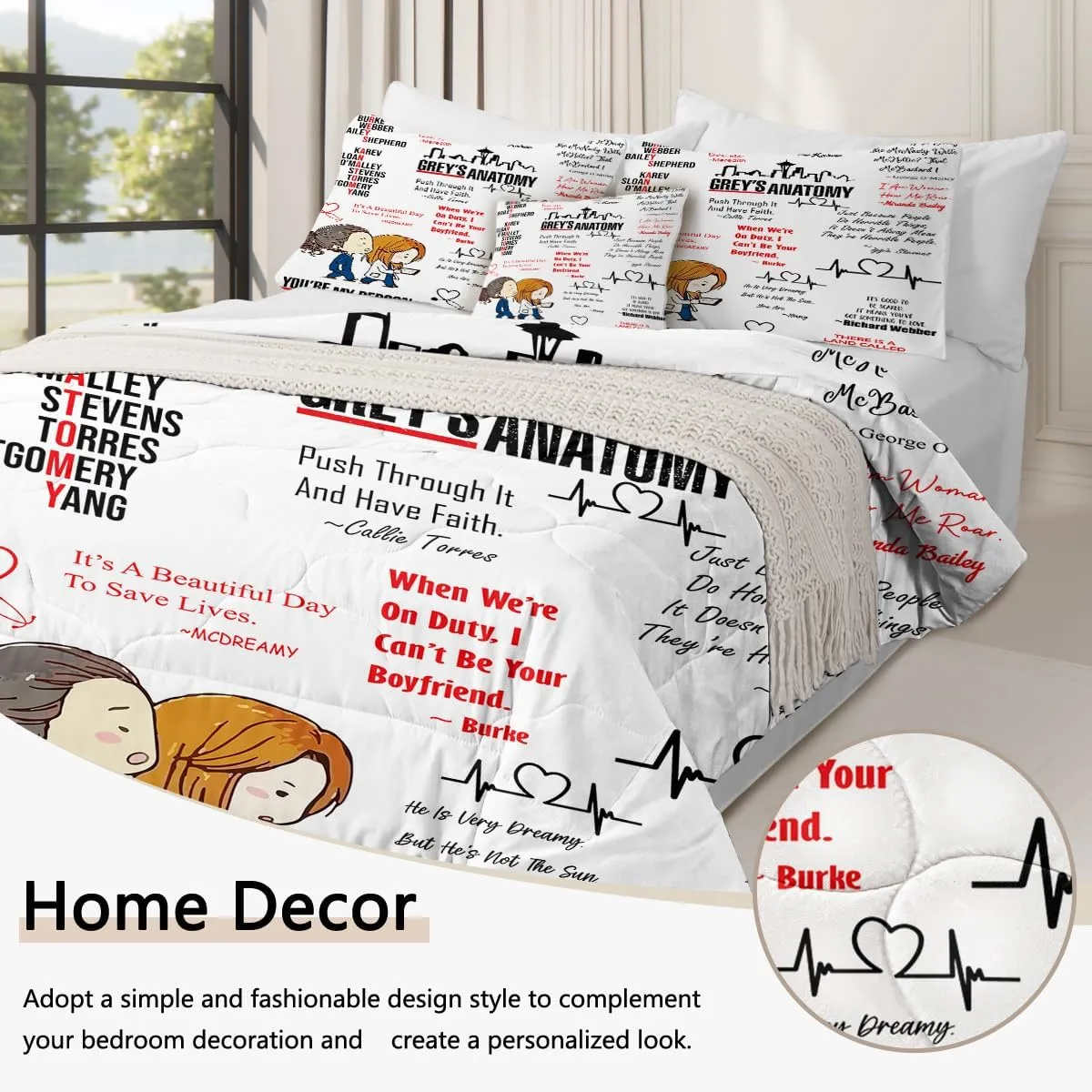 SOULZZZ Grey's Anatomy Bed in A Bag Queen Curative Heartbeat 8 Piece Comforter Cozy Halloween Christmas Bedding with 1 Flat Sheet, 1 Fitted Sheet, 2 Pillowcases, 2 Pillow Shams and 1 Cushion Cover