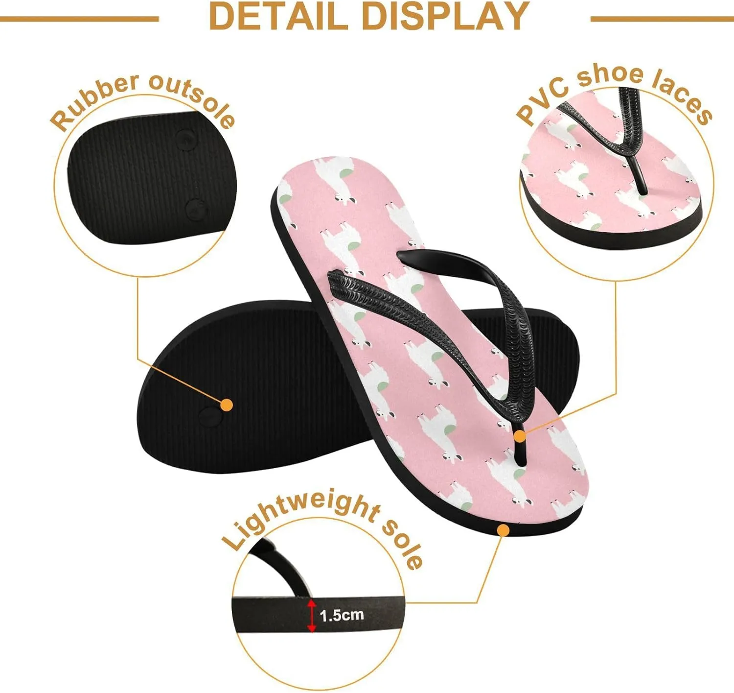 SPRIPORT Pink Cute Llamas Slim Flip Flops for Women Men Comfortable Casual Thong Cushion Sandals with Non-Slip Rubber Sole Flat Sandals for Beach Summer Walking