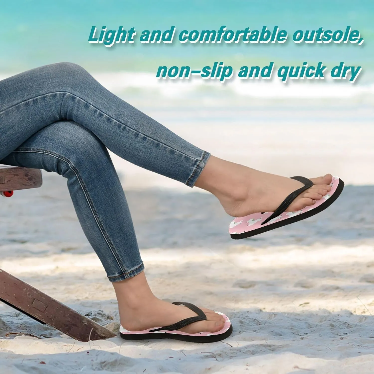 SPRIPORT Pink Cute Llamas Slim Flip Flops for Women Men Comfortable Casual Thong Cushion Sandals with Non-Slip Rubber Sole Flat Sandals for Beach Summer Walking