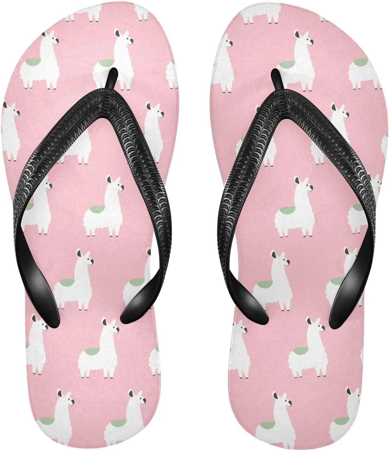 SPRIPORT Pink Cute Llamas Slim Flip Flops for Women Men Comfortable Casual Thong Cushion Sandals with Non-Slip Rubber Sole Flat Sandals for Beach Summer Walking