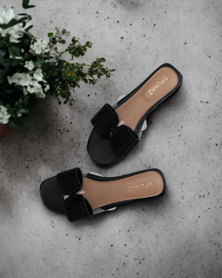 Spunkz Black Bow Decor Formal Ladies Slippers-11056