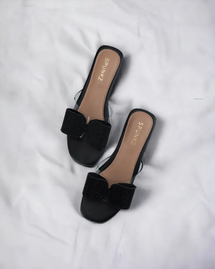 Spunkz Black Bow Decor Formal Ladies Slippers-11056