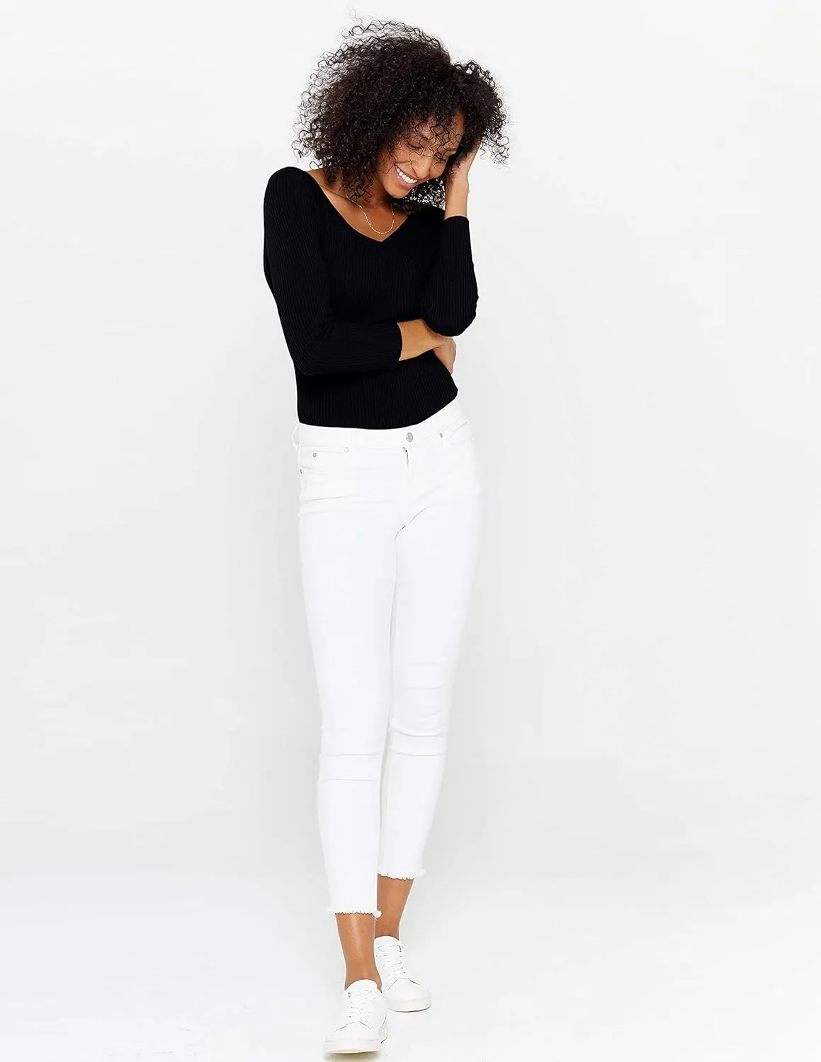 State Cashmere Women’s Easy V-Neck Ribbed Sweater 100% Pure Cashmere 3/4 Sleeve Pullover