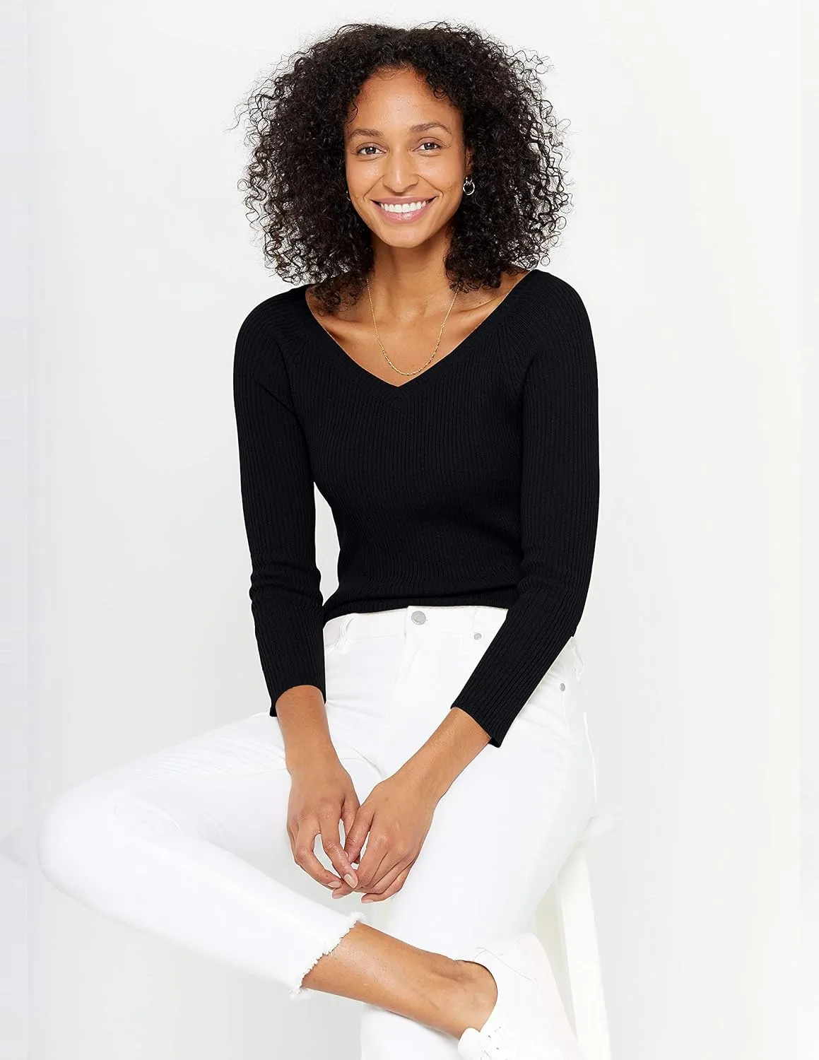 State Cashmere Women’s Easy V-Neck Ribbed Sweater 100% Pure Cashmere 3/4 Sleeve Pullover