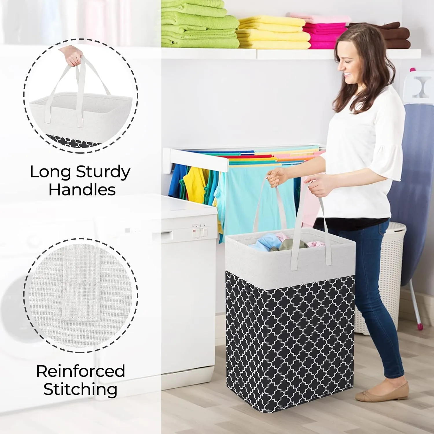 StorageRight Laundry Basket Hamper Large Collapsible Laundry Hamper with Easy Carry Handles，Freestanding Clothes Hampers for Laundry, Bedroom, Dorm, Clothes, Towels, 75L, Clover Black