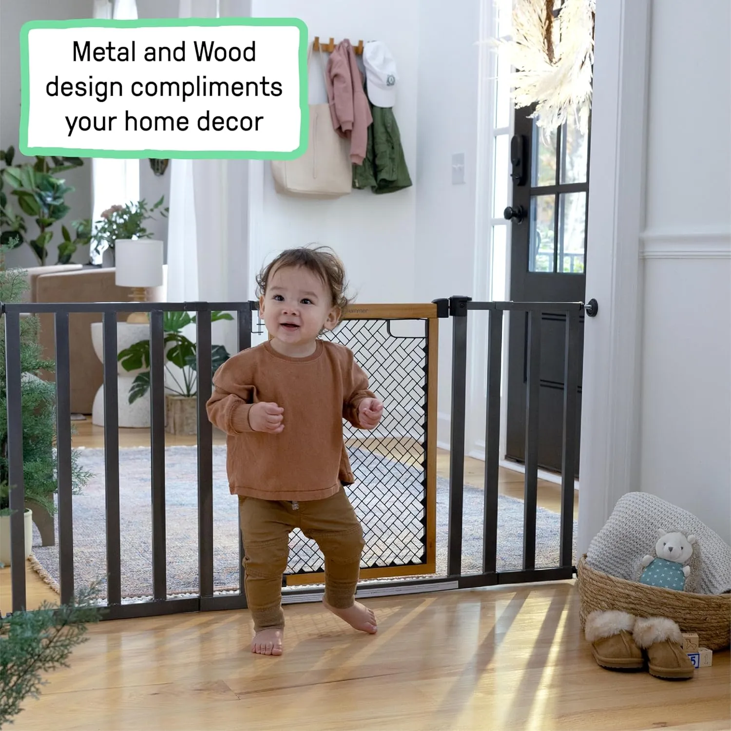 Summer Infant Ingenuity Thruway 60XW Series Extra Wide Safety Pet&Baby Gate,30"-60" Wide,26" Tall,Pressure or Hardware Mounted,Install Wall to Wall in Doorway or Stairway–Honey Oak Stained Wood&Metal