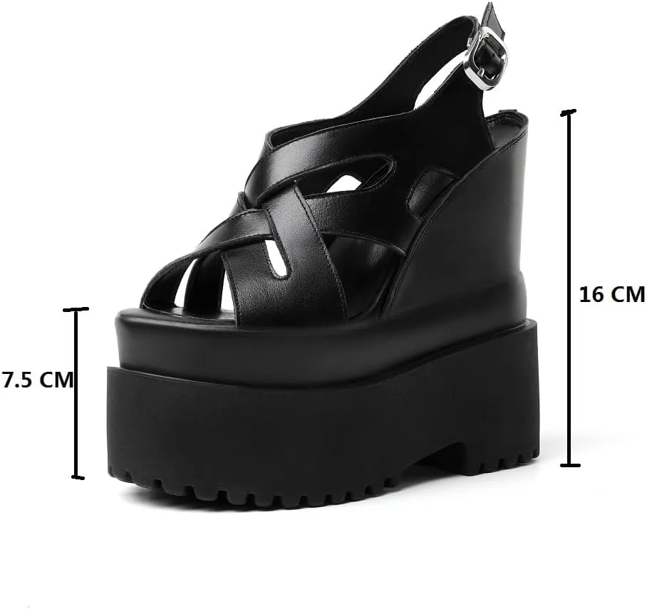 Summer New Retro Super High Wedges Heels Platform Peep Toe Cross-tied Buckle Strap Genuine Leather Women Gladiator Sandals 240306