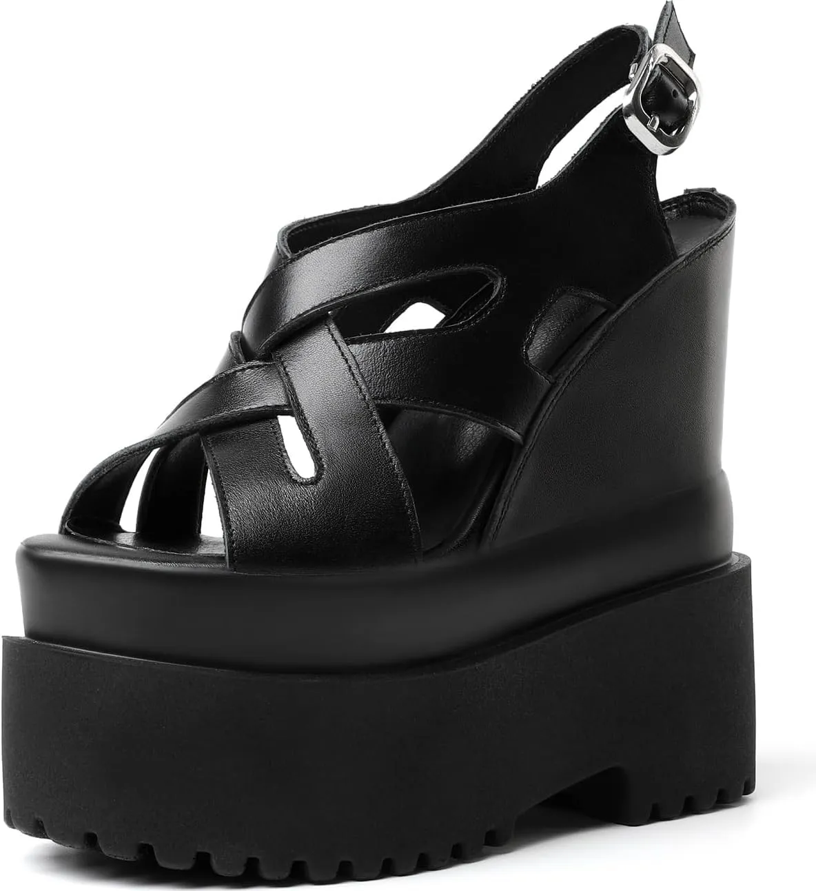 Summer New Retro Super High Wedges Heels Platform Peep Toe Cross-tied Buckle Strap Genuine Leather Women Gladiator Sandals 240306