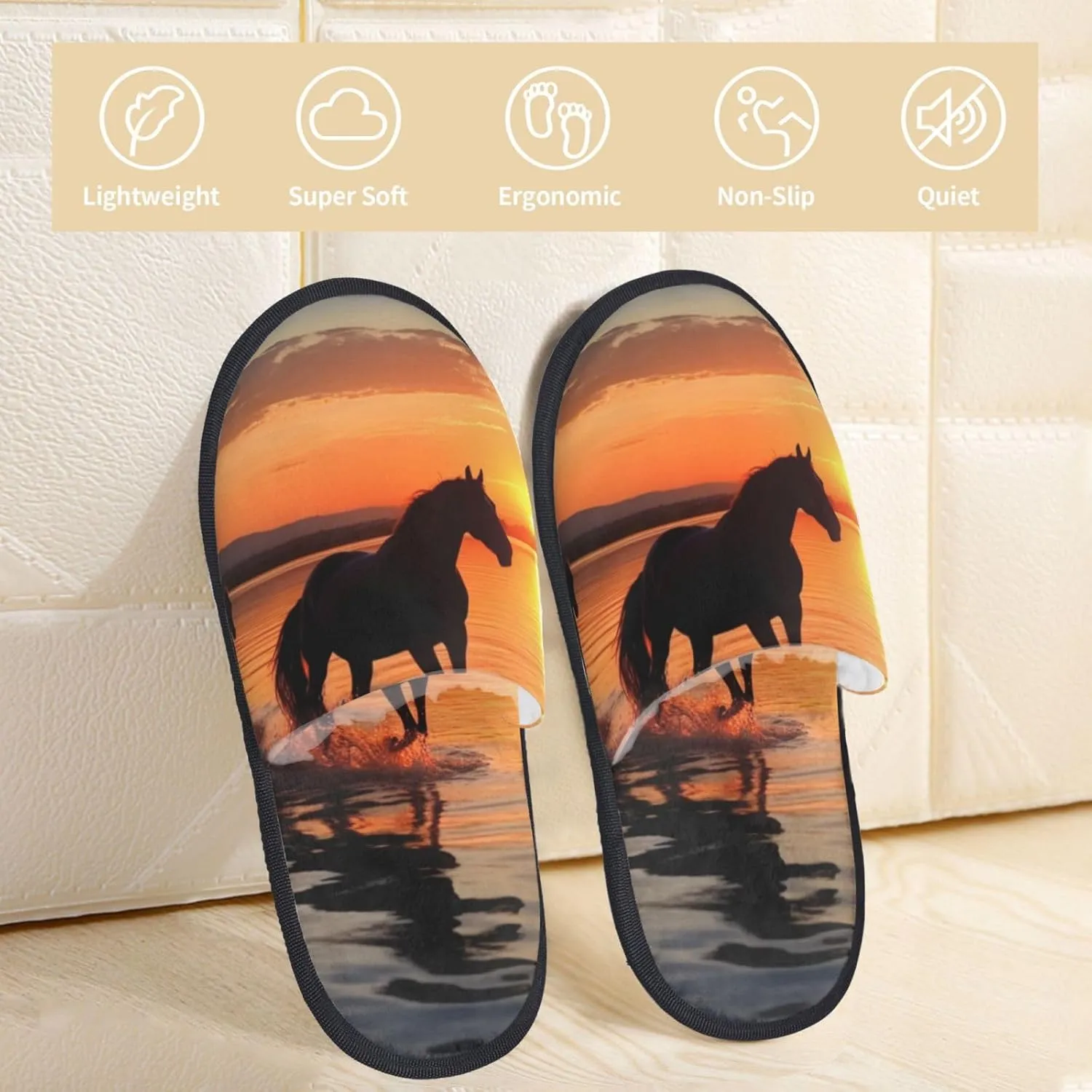 Sunsets Lake Horses Furry House Slippers for Women Men Soft Fuzzy Slippers Indoor Casual Plush House Shoes