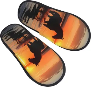 Sunsets Lake Horses Furry House Slippers for Women Men Soft Fuzzy Slippers Indoor Casual Plush House Shoes