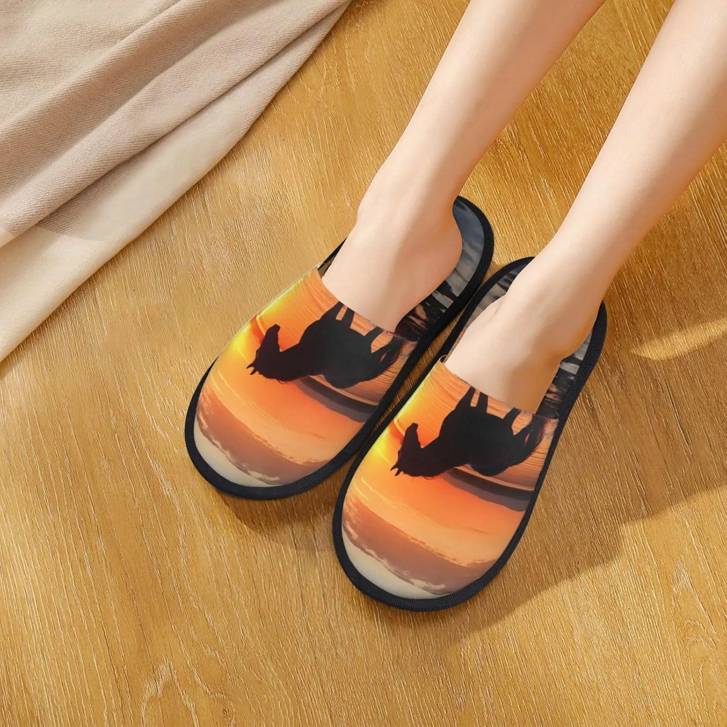 Sunsets Lake Horses Furry House Slippers for Women Men Soft Fuzzy Slippers Indoor Casual Plush House Shoes
