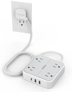 Surge Protector Flat Extension Cord 5Ft, TESSAN Flat Plug Power Strip with 4 Outlets 3 USB Ports (1 USB C), 900 Joules Protection, Multiple Wall Outlet Extender Suitable for Home Office Dorm, Grey