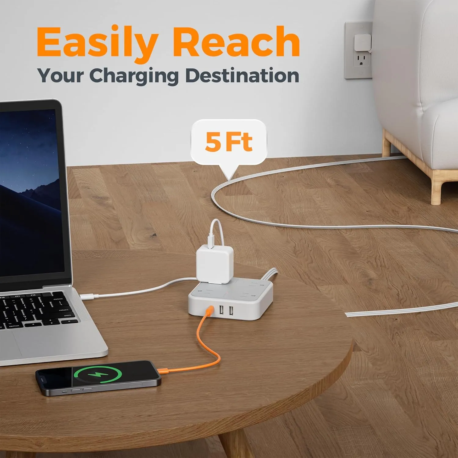 Surge Protector Flat Extension Cord 5Ft, TESSAN Flat Plug Power Strip with 4 Outlets 3 USB Ports (1 USB C), 900 Joules Protection, Multiple Wall Outlet Extender Suitable for Home Office Dorm, Grey